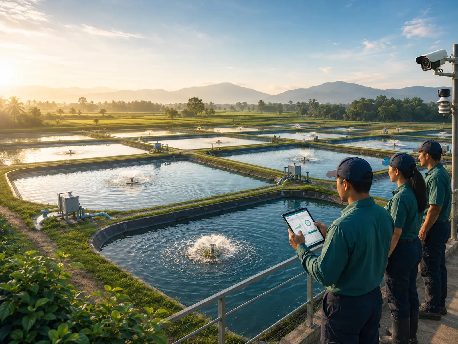 Expert-managed aquaculture farm with aerated ponds and a monitoring team reviewing live farm data